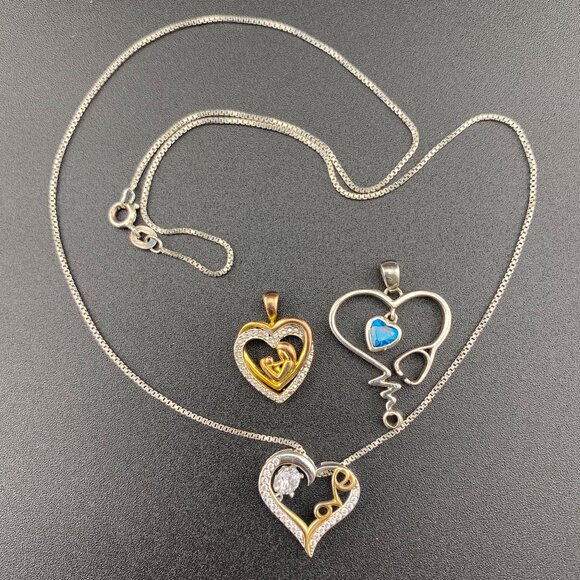 Sterling Silver Lot, 18" Necklace with 3 x Heart Pendants, Diamonds, CZ, Romance - Picture 1 of 16